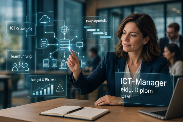 ICT-Managerin mit digitalen Anzeigen zu ICT-Strategie, Projektportfolio, Teamführung und Budgetplanung – Weiterbildung ICT-Manager mit eidg. Diplom bei Microwin AG.